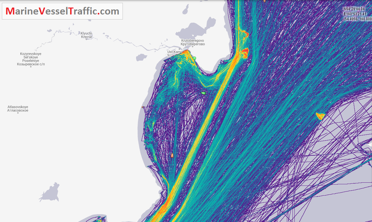 Live Marine Traffic, Density Map and Current Position of ships in KARAGINSKY GULF 